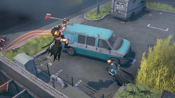 Screenshot from Eternal Return showing a character wielding an axe mid-jump near a blue van in an urban setting.