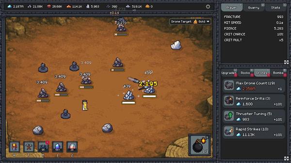 Screenshot from 'Fracture Field' showing a strategic battle with rocks and drones on a rocky terrain, with upgrade options on the side.