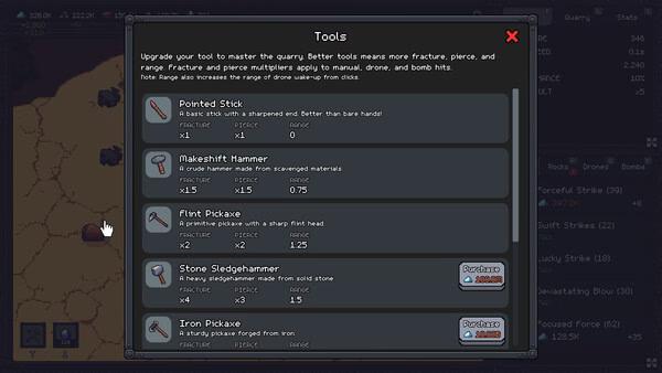 Screenshot from "Fracture Field" showing the tools menu, listing various upgradeable tools like hammers and pickaxes with stats.