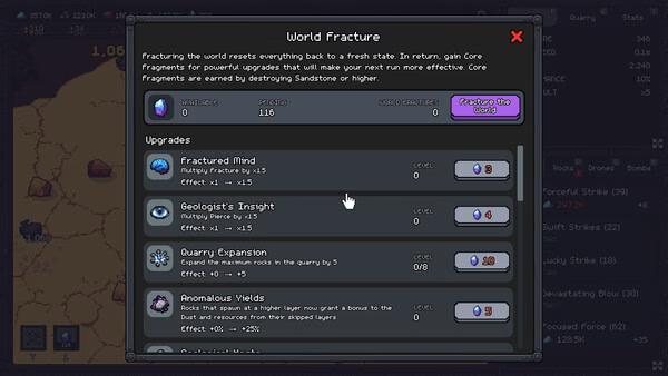 Screenshot of the game 'Fracture Field' showing a menu with various upgrade options and resources available for the player.