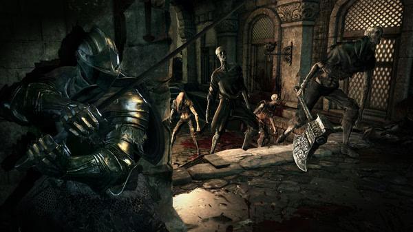 A DARK SOULS™ III screenshot showing a knight in armor facing skeletal enemies in a dimly lit stone corridor.