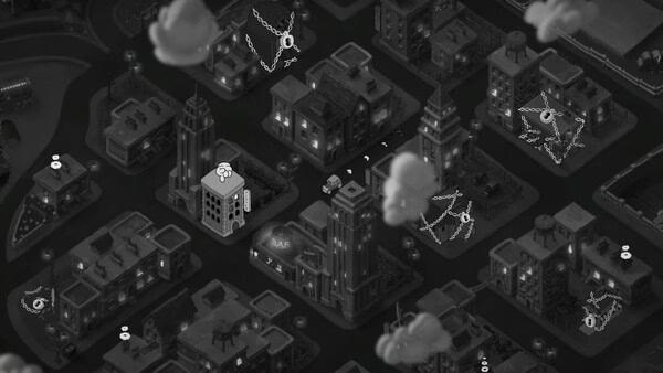 Screenshot from "MOUSE: P.I. For Hire" shows an overhead view of a noir city with buildings and clouds, highlighting detective icons.
