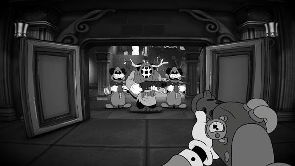 Screenshot from "MOUSE: P.I. For Hire" showing a mouse detective aiming a gun at three menacing characters in an open doorway.