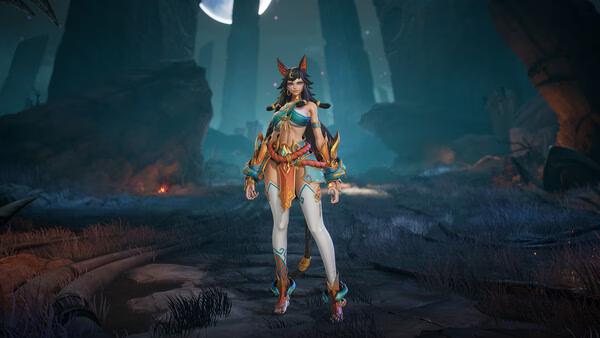 Torchlight: Infinite screenshot showing a character in vibrant armor standing in a mystical, moonlit landscape with rocky terrain.