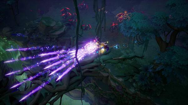 Screenshot from Torchlight: Infinite showing a character casting a bright purple magic spell in a dark, lush forest environment.