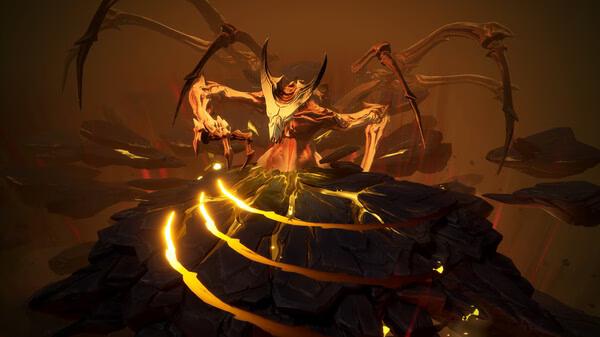 Screenshot from Torchlight: Infinite showing a large, menacing creature with multiple arms on a rocky, glowing platform.