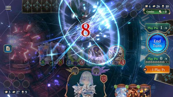 Screenshot of Shadowverse: Worlds Beyond showing a dramatic card battle with glowing effects, character cards, and game stats visible.