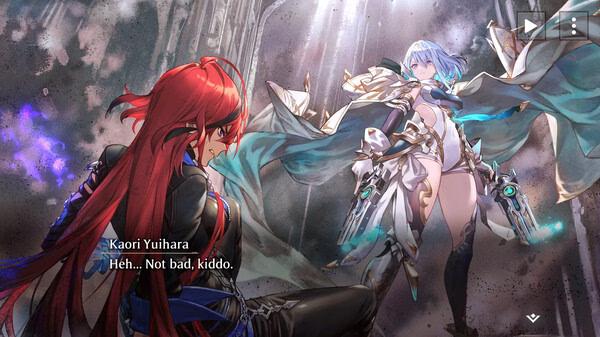 Screenshot from Shadowverse: Worlds Beyond showing Kaori Yuihara facing an armored character in a dramatic scene.