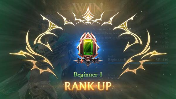 Shadowverse: Worlds Beyond screenshot showing a "Rank Up" notification with glowing golden designs and "Beginner 1" rank displayed.