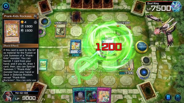 Yu-Gi-Oh! Master Duel screenshot: A duel in progress with "Prank-Kids Rocksies" card and a 1200 damage effect shown on the field.