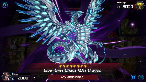 Screenshot from Yu-Gi-Oh! Master Duel showing Blue-Eyes Chaos MAX Dragon with ATK 4000 DEF 0 during a duel.