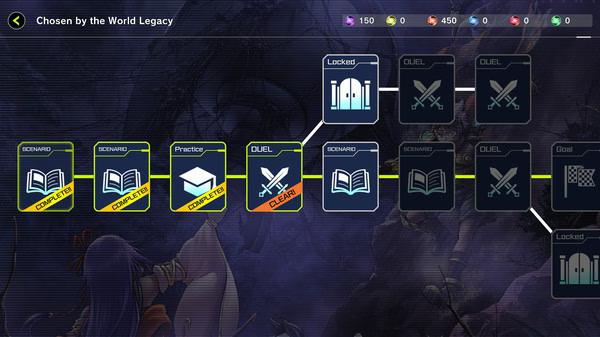 Yu-Gi-Oh! Master Duel screenshot showing a progress map with completed and locked duels, and various scenario icons.