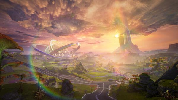 Screenshot from Wuthering Waves showing a vibrant, futuristic landscape with curved structures and a dramatic sky at sunset.