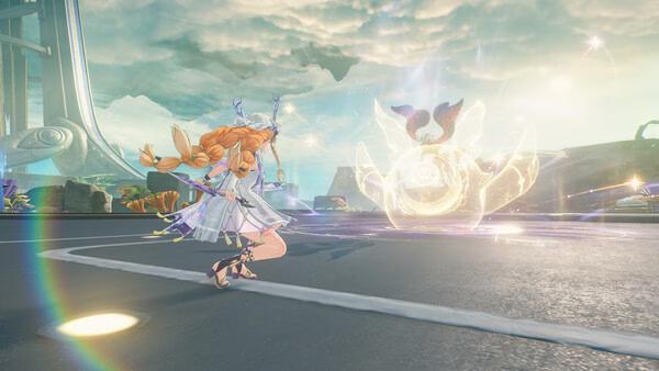 Screenshot from Wuthering Waves showing a character in action, casting a magical spell against a glowing creature on a futuristic road.