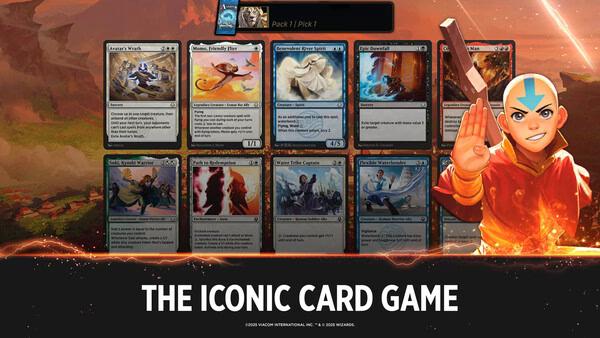 Magic: The Gathering Arena screenshot showing a card draft selection with various cards displayed and a glowing landscape background.