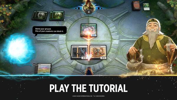 Magic: The Gathering Arena screenshot showing a tutorial match with cards on the battlefield and a highlighted creature attack.