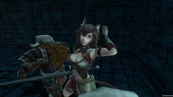 Screenshot from Wizardry Variants Daphne showing two armored characters locked in combat inside a dimly lit stone dungeon.