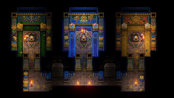 Core Keeper screenshot showing three vibrant temple rooms with intricate designs, glowing lights, and decorative statues.