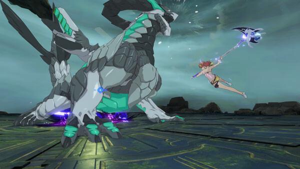 Screenshot from ブループロトコル：スターレゾナンス showing a character in mid-air combat with a large dragon-like creature.