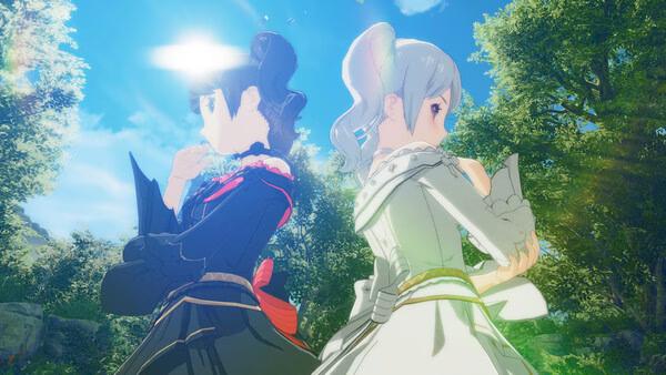 Screenshot from ブループロトコル：スターレゾナンス showing two characters standing back-to-back in a lush, sunlit forest.