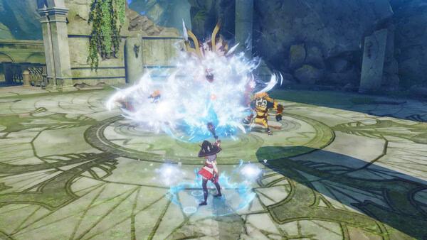 Screenshot from ブループロトコル：スターレゾナンス showing a character casting a spell in a stone arena, facing a creature.