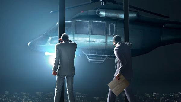 Screenshot from Yakuza Kiwami 3 & Dark Ties showing two characters in suits facing a hovering helicopter at night.