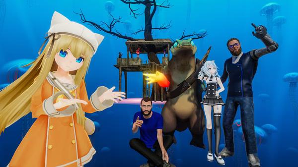 VRChat screenshot showing avatars posing underwater. A treehouse and jellyfish are visible in the background.