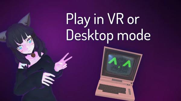 VRChat screenshot of a character with cat ears and a peace sign next to a pink computer with a smiling face on the screen.