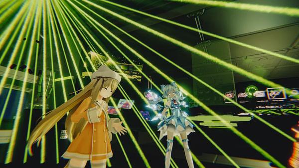 VRChat screenshot showing two animated characters in a room with vibrant green laser beams and colorful digital displays.