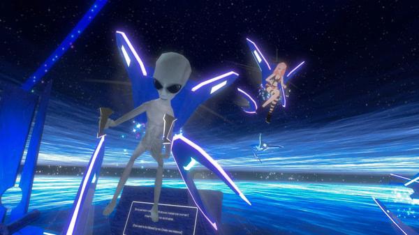 VRChat screenshot of an alien avatar with glowing wings standing on a platform in a cosmic environment, with another avatar nearby.