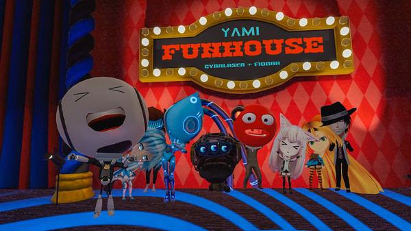 VRChat screenshot showing avatars posing in front of a red stage with a "Yami Funhouse" sign and colorful decorations.