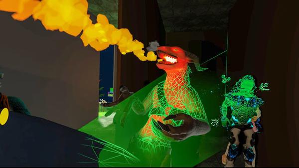 VRChat screenshot showing a dragon avatar breathing fire, surrounded by vibrant, glowing wireframe structures.