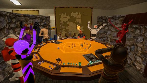 VRChat screenshot: A group of avatars gather around a table playing a tabletop RPG, with dice, cards, and a game map visible.