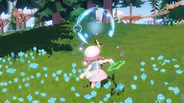 A Heartopia screenshot showing a player chasing butterflies in a grassy meadow surrounded by blooming flowers and tall trees.