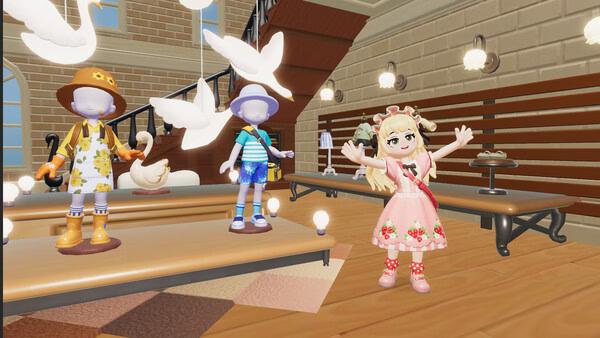 Heartopia screenshot: Three characters in colorful outfits pose indoors surrounded by white birds on a wooden stage.