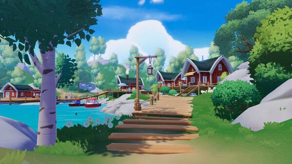 A screenshot from Heartopia showing a scenic lakeside village with red cabins, wooden docks, and lush greenery under a bright blue sky.