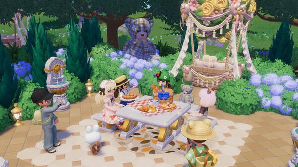 Screenshot from Heartopia: Characters in a garden setting enjoying a picnic with a large teddy bear and floral decorations in the background.