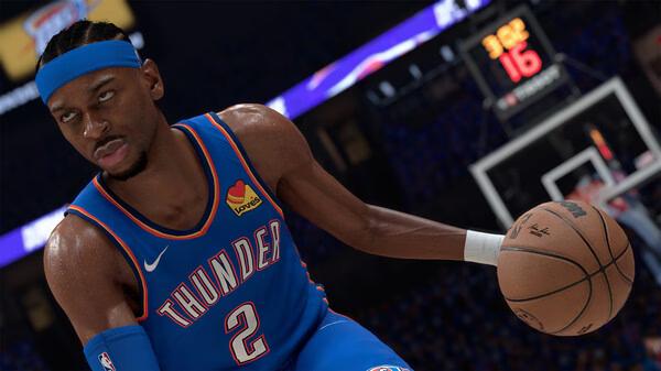NBA 2K26 screenshot: A player from the Thunder, wearing jersey number 2, dribbles the basketball on the court.