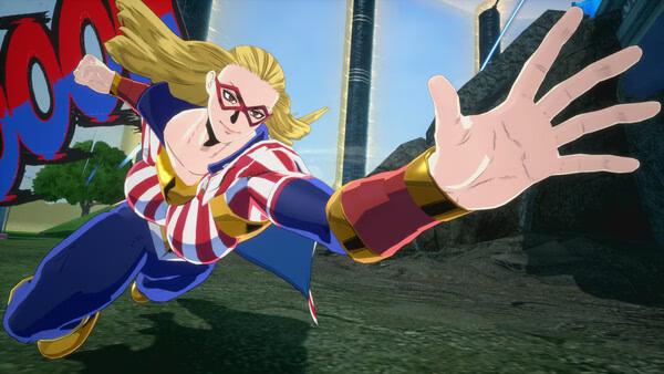 A MY HERO ULTRA RUMBLE screenshot showing a hero in a dynamic pose, wearing a red, white, and blue costume, ready for action.