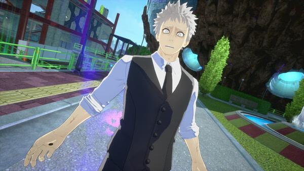 Screenshot from MY HERO ULTRA RUMBLE featuring a character in a vest and tie, standing in a colorful outdoor arena.