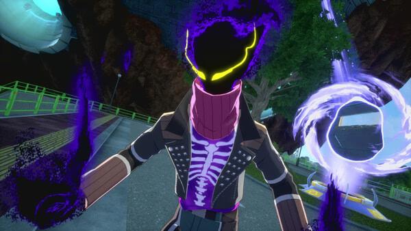 Screenshot from MY HERO ULTRA RUMBLE featuring a character in a dark outfit with glowing eyes, surrounded by purple energy.