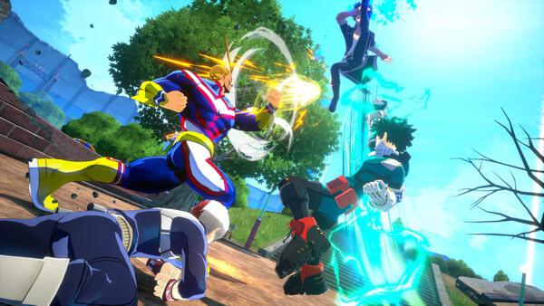 Screenshot of MY HERO ULTRA RUMBLE showing All Might fighting enemies, with Deku using powers and others battling in a vibrant outdoor arena.