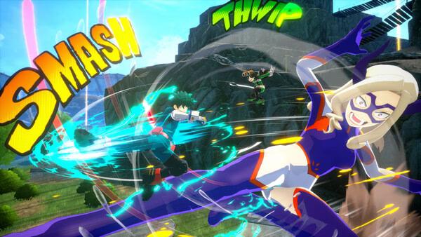 Screenshot from MY HERO ULTRA RUMBLE showing a dynamic battle scene with characters in action, vibrant effects, and comic-style text.