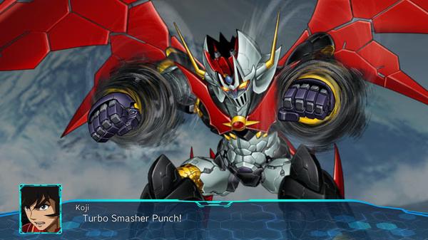 Super Robot Wars 30 screenshot: A dynamic scene shows a robot launching the Turbo Smasher Punch with energy swirling around its fists.