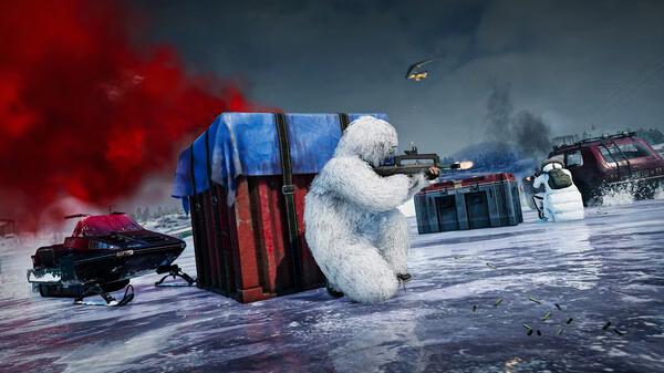 PUBG: BATTLEGROUNDS screenshot showing a player in a white furry suit aiming near a red loot crate on icy terrain.