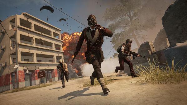 PUBG: BATTLEGROUNDS screenshot showing three players in combat gear running from an explosion, with parachutes visible in the sky.