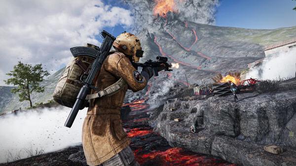 Screenshot from PUBG: BATTLEGROUNDS showing a player in combat gear aiming a rifle near lava and smoke on a rocky terrain.