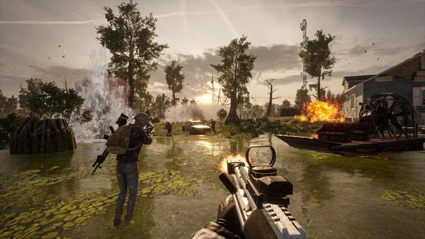 A PUBG: BATTLEGROUNDS screenshot showing a player aiming a rifle at boats and explosions in a swampy area at sunset.