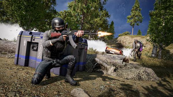 Screenshot from PUBG: BATTLEGROUNDS showing a player in combat gear firing a rifle near a supply crate with another player approaching.