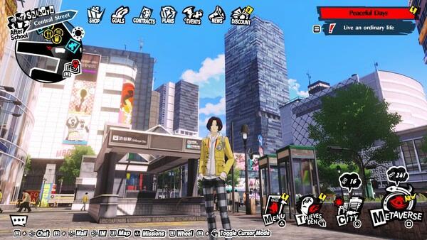 Screenshot from Persona5: The Phantom X showing the protagonist standing in a bustling city street surrounded by tall buildings.